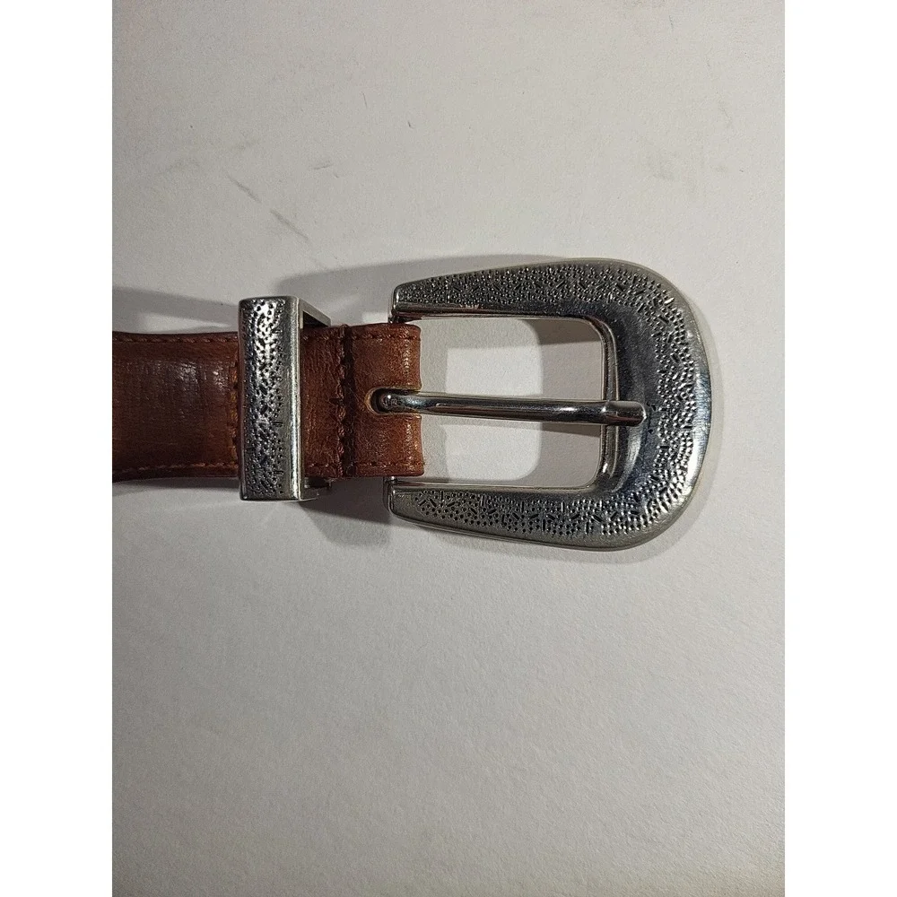 Brown Leather Belt 46 Silver‑Tone Buckle Medallions Western Unisex